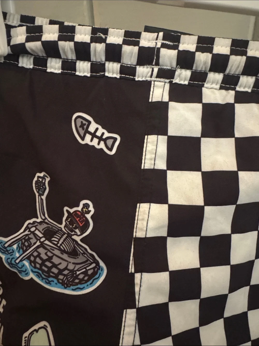 Black Checkerboard & Graphic Patch Kids Swim Trunks